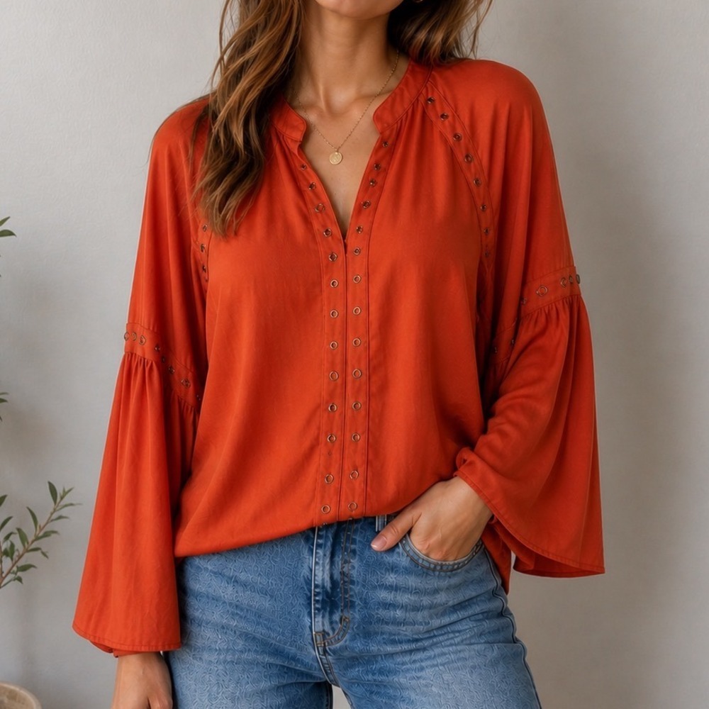 Soft Surroundings Blouse Bell Sleeve Eyelet Detail Rust Orange PXL y2